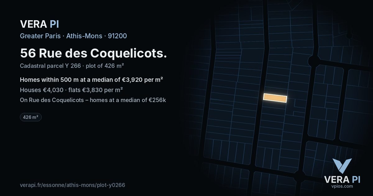 56 Rue des Coquelicots, Athis-Mons at night – the plot lit, the parcels around coloured by the prices near them