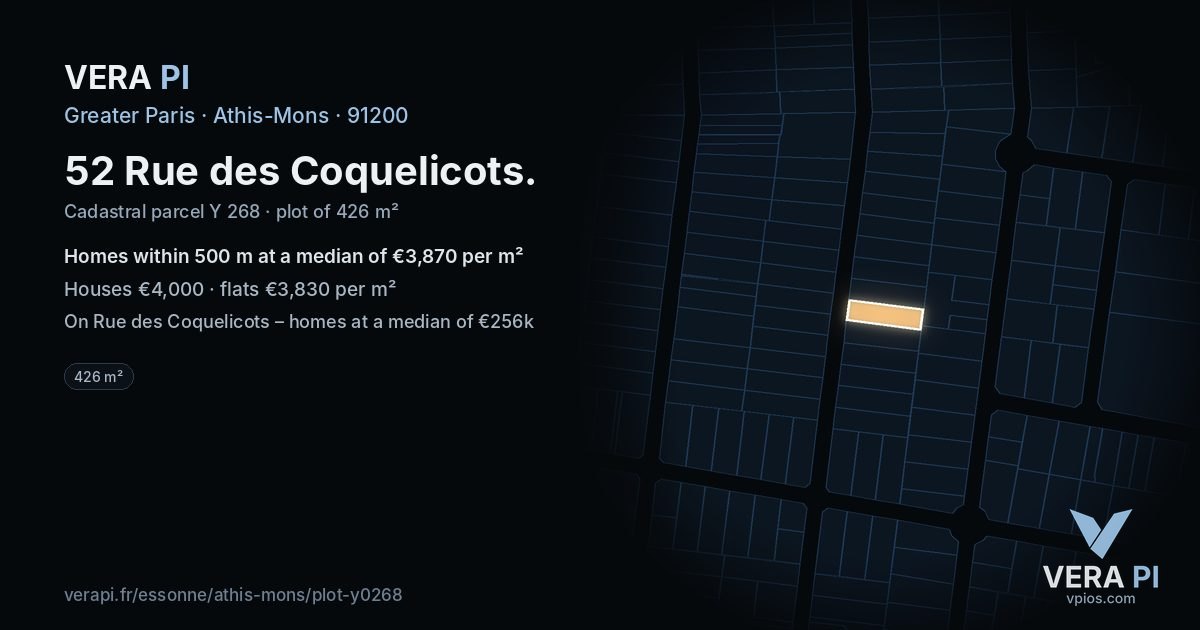 52 Rue des Coquelicots, Athis-Mons at night – the plot lit, the parcels around coloured by the prices near them