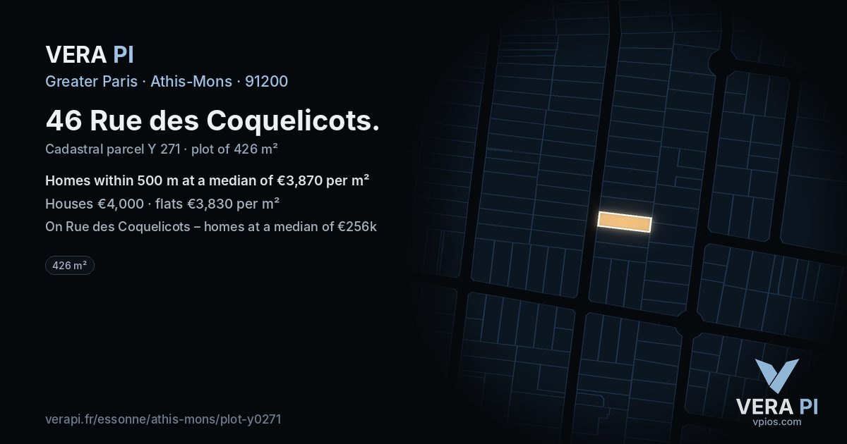 46 Rue des Coquelicots, Athis-Mons at night – the plot lit, the parcels around coloured by the prices near them