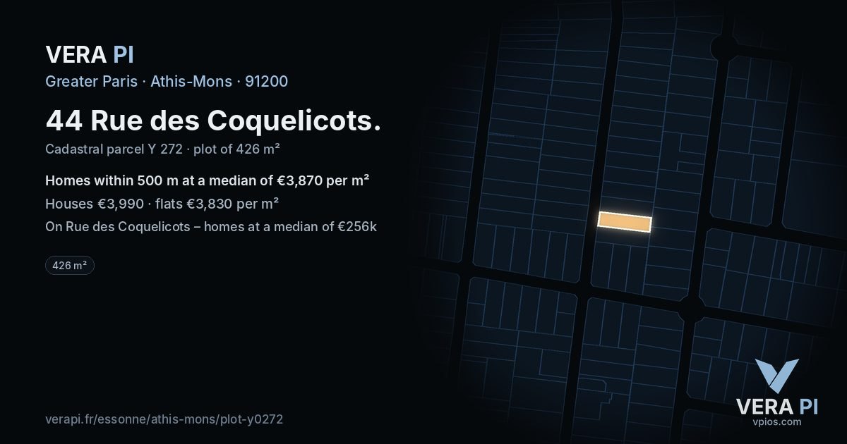 44 Rue des Coquelicots, Athis-Mons at night – the plot lit, the parcels around coloured by the prices near them