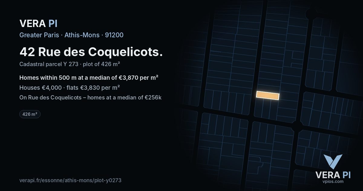 42 Rue des Coquelicots, Athis-Mons at night – the plot lit, the parcels around coloured by the prices near them