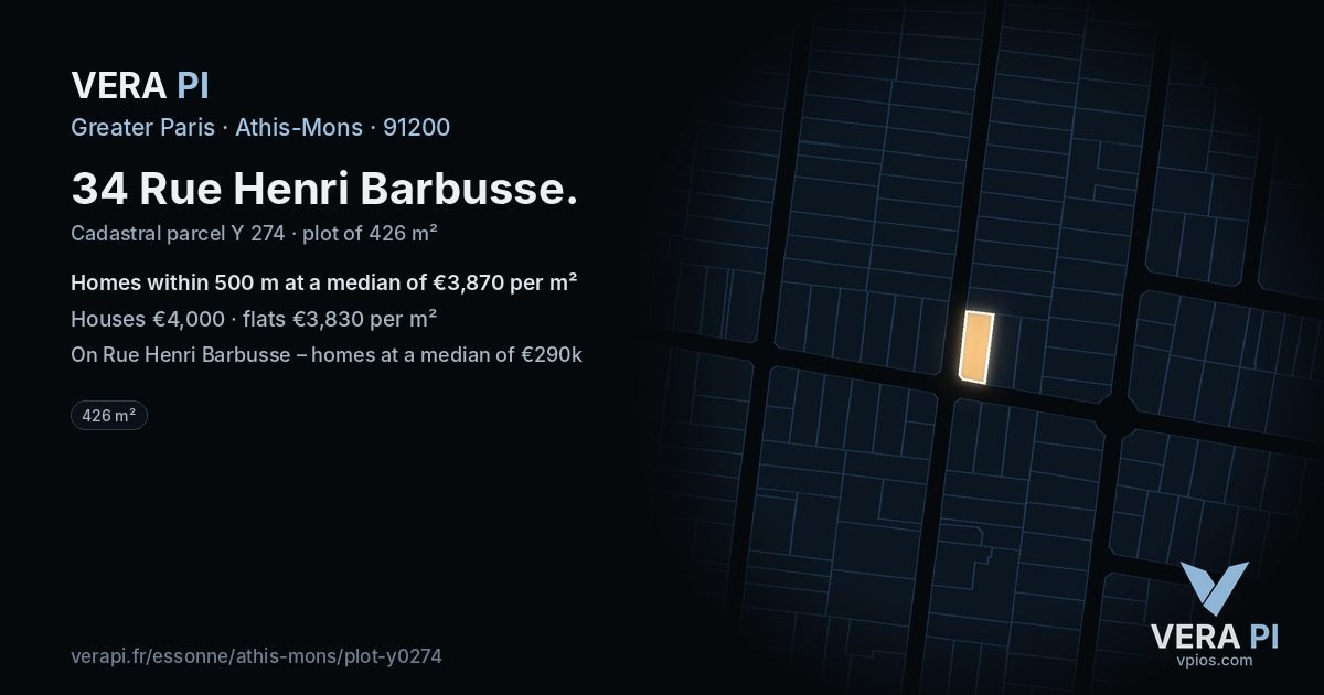 34 Rue Henri Barbusse, Athis-Mons at night – the plot lit, the parcels around coloured by the prices near them