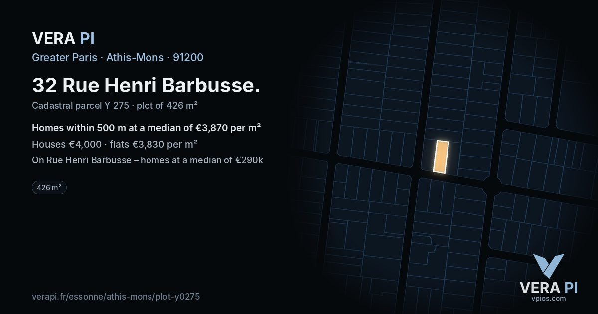 32 Rue Henri Barbusse, Athis-Mons at night – the plot lit, the parcels around coloured by the prices near them