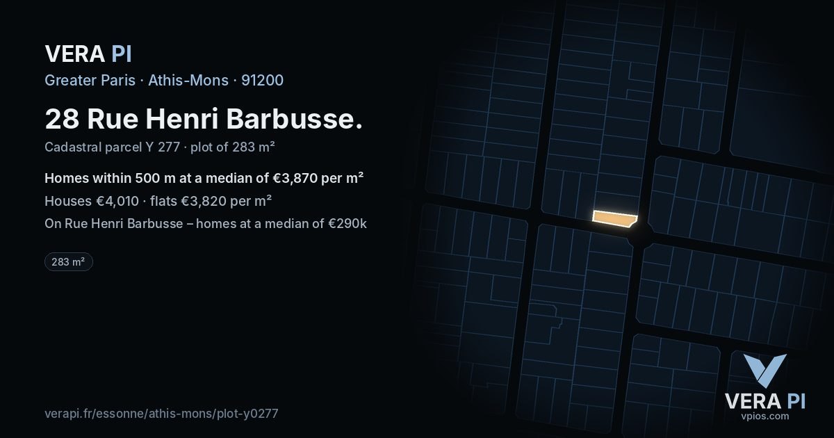28 Rue Henri Barbusse, Athis-Mons at night – the plot lit, the parcels around coloured by the prices near them