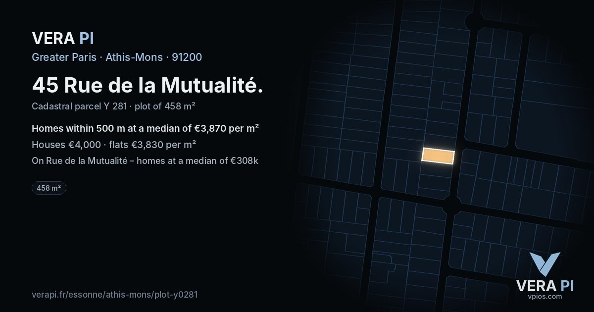 45 Rue de la Mutualité, Athis-Mons at night – the plot lit, the parcels around coloured by the prices near them