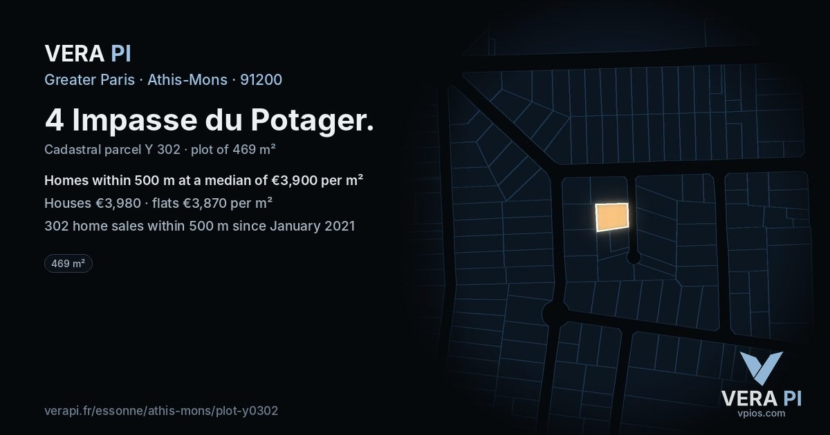 4 Impasse du Potager, Athis-Mons at night – the plot lit, the parcels around coloured by the prices near them