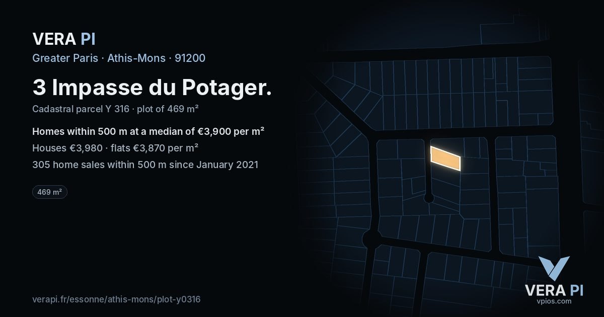 3 Impasse du Potager, Athis-Mons at night – the plot lit, the parcels around coloured by the prices near them
