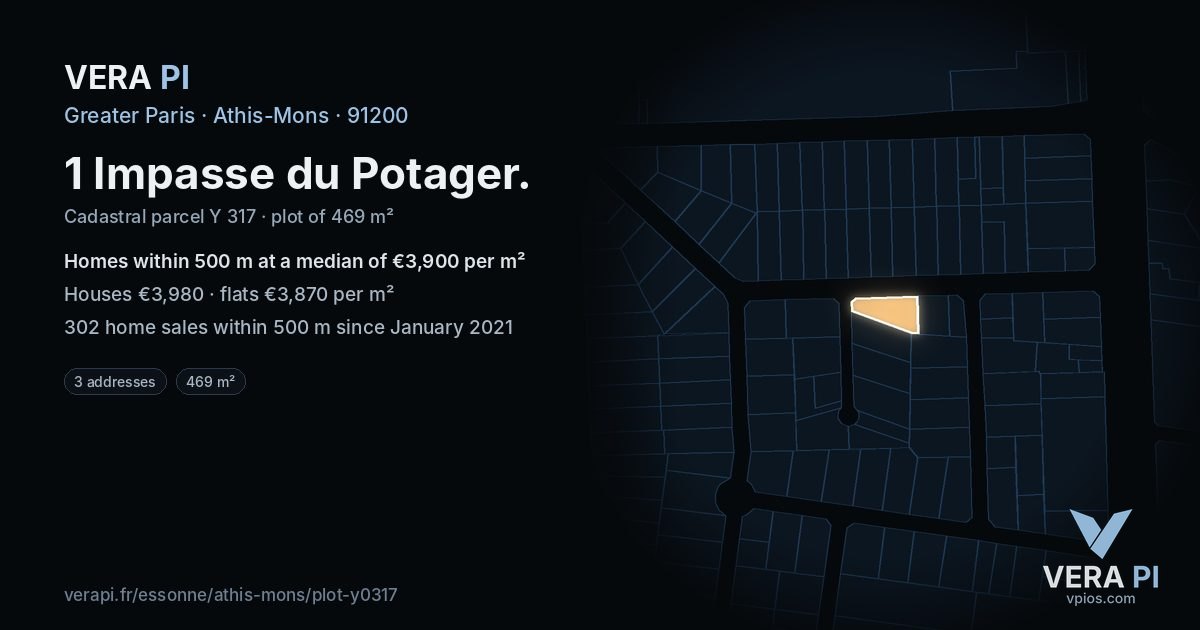 1 Impasse du Potager, Athis-Mons at night – the plot lit, the parcels around coloured by the prices near them