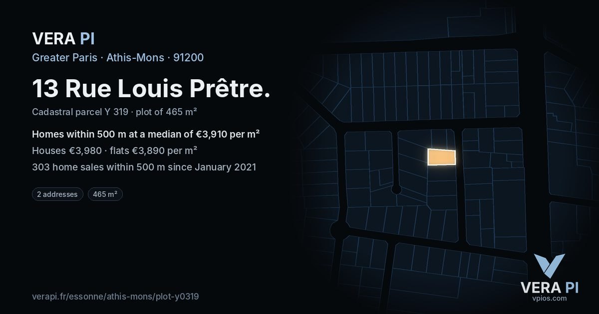 13 Rue Louis Prêtre, Athis-Mons at night – the plot lit, the parcels around coloured by the prices near them