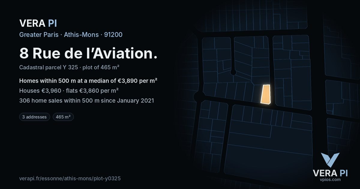 8 Rue de l’Aviation, Athis-Mons at night – the plot lit, the parcels around coloured by the prices near them