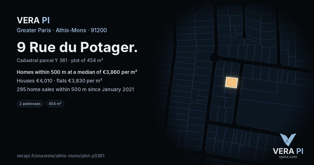 9 Rue du Potager, Athis-Mons at night – the plot lit, the parcels around coloured by the prices near them