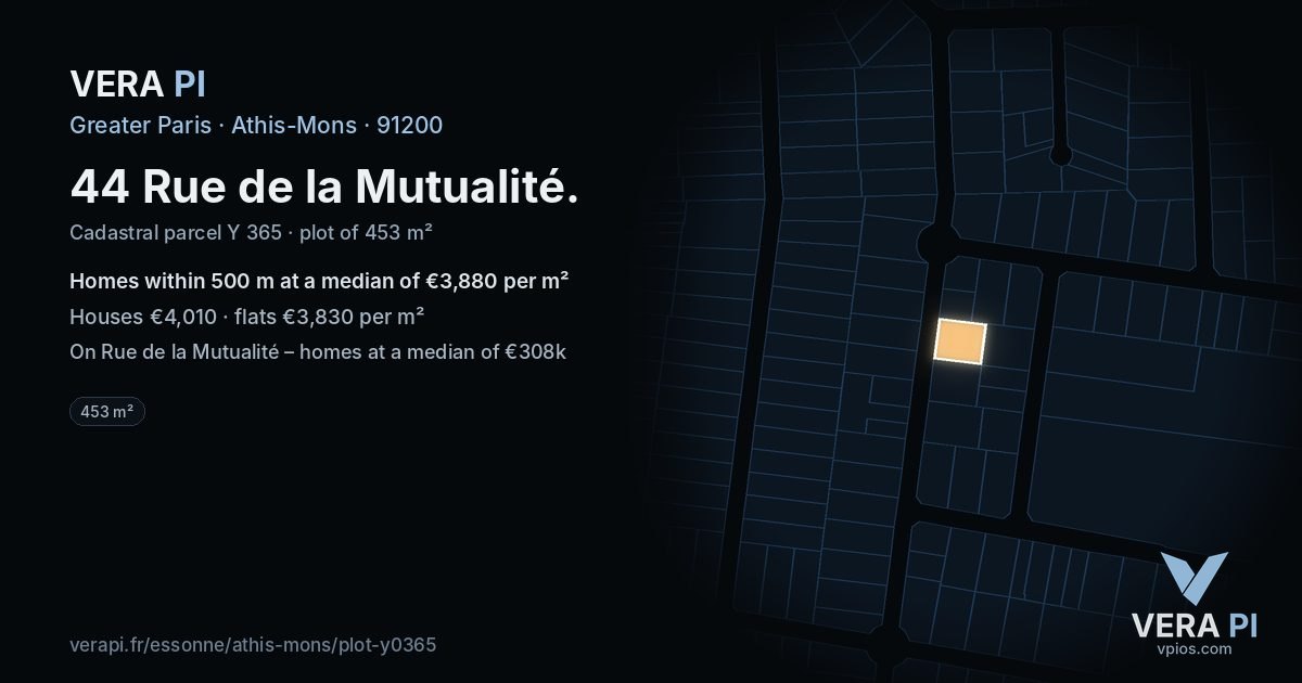 44 Rue de la Mutualité, Athis-Mons at night – the plot lit, the parcels around coloured by the prices near them