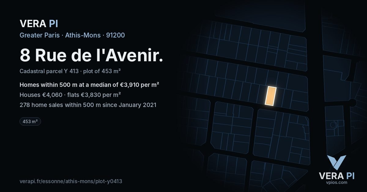 8 Rue de l'Avenir, Athis-Mons at night – the plot lit, the parcels around coloured by the prices near them
