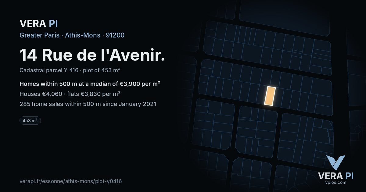 14 Rue de l'Avenir, Athis-Mons at night – the plot lit, the parcels around coloured by the prices near them