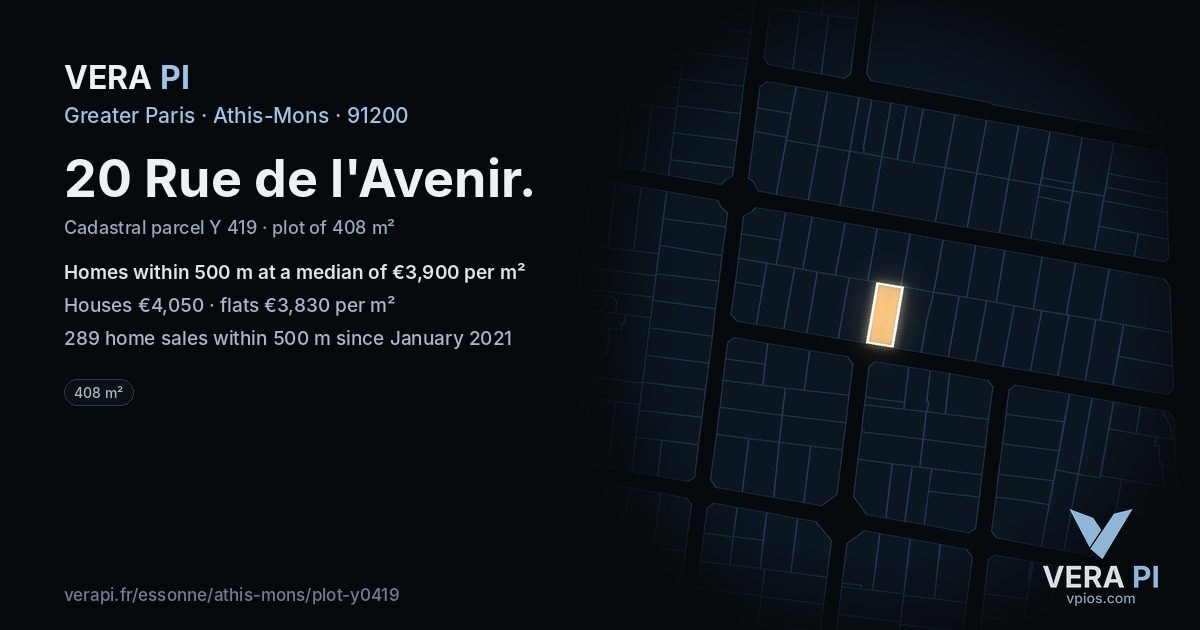 20 Rue de l'Avenir, Athis-Mons at night – the plot lit, the parcels around coloured by the prices near them