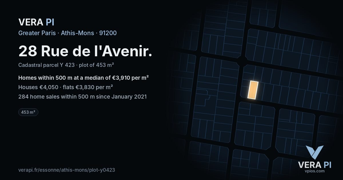 28 Rue de l'Avenir, Athis-Mons at night – the plot lit, the parcels around coloured by the prices near them