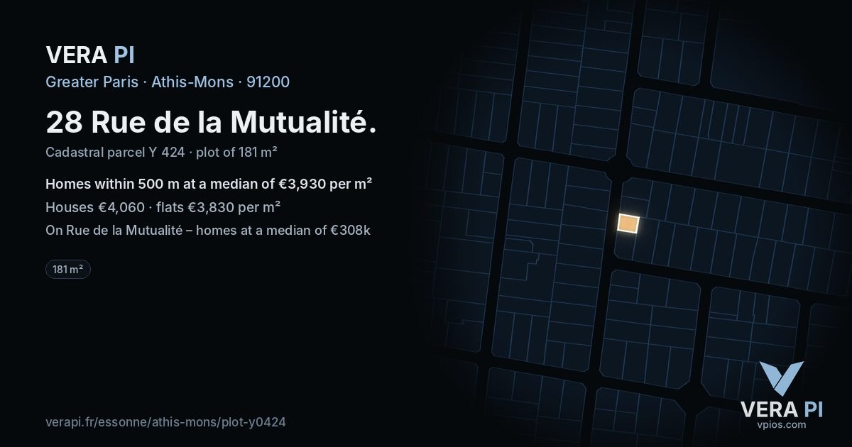 28 Rue de la Mutualité, Athis-Mons at night – the plot lit, the parcels around coloured by the prices near them