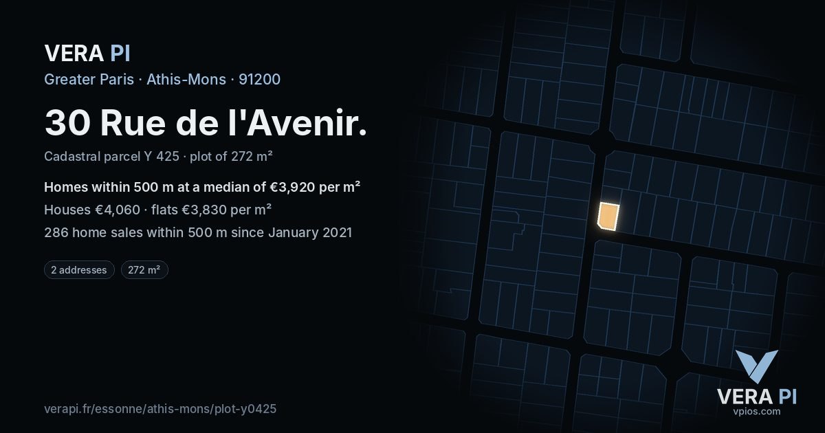 30 Rue de l'Avenir, Athis-Mons at night – the plot lit, the parcels around coloured by the prices near them