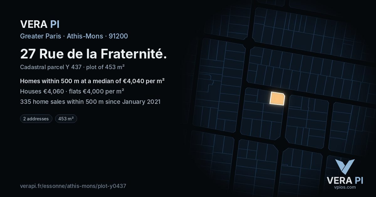 27 Rue de la Fraternité, Athis-Mons at night – the plot lit, the parcels around coloured by the prices near them
