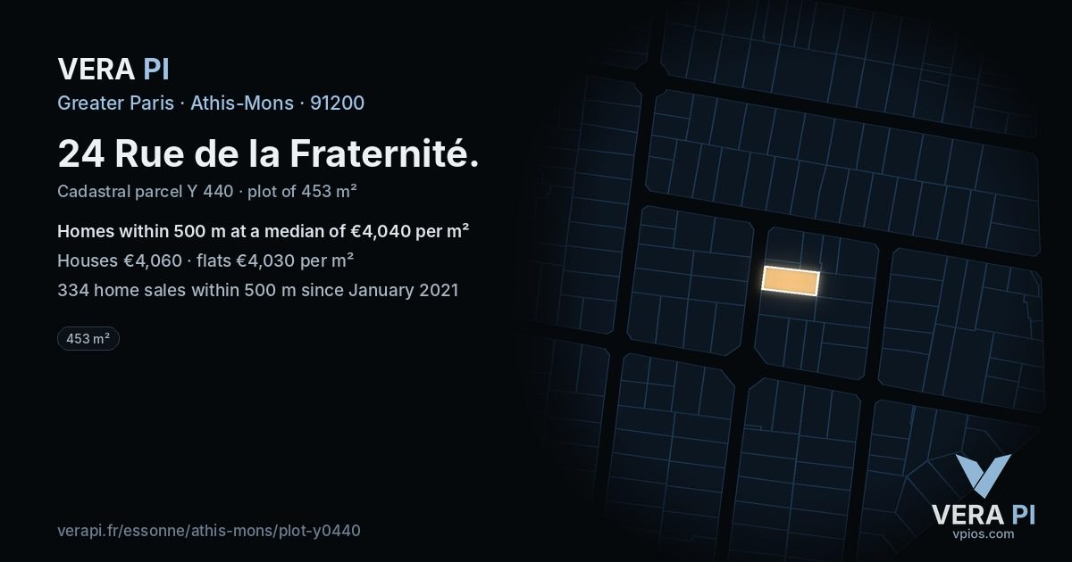 24 Rue de la Fraternité, Athis-Mons at night – the plot lit, the parcels around coloured by the prices near them