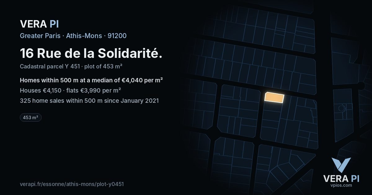 16 Rue de la Solidarité, Athis-Mons at night – the plot lit, the parcels around coloured by the prices near them