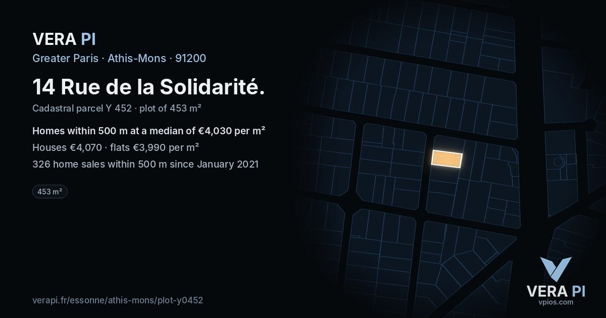 14 Rue de la Solidarité, Athis-Mons at night – the plot lit, the parcels around coloured by the prices near them