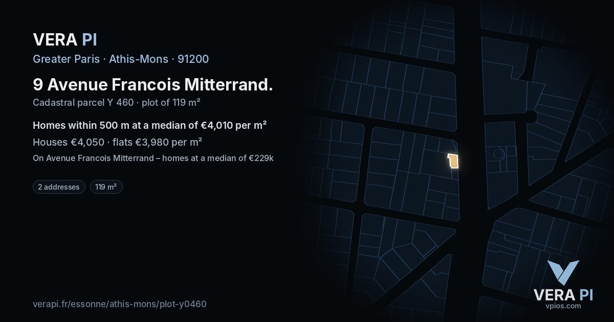 9 Avenue Francois Mitterrand, Athis-Mons at night – the plot lit, the parcels around coloured by the prices near them