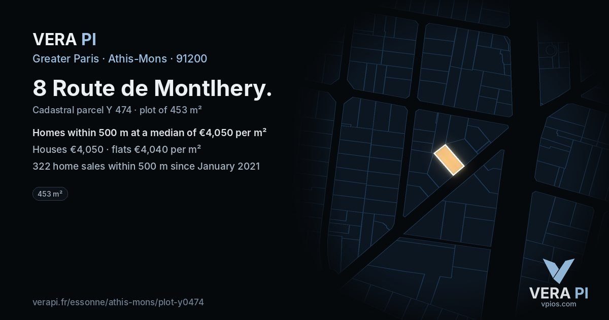 8 Route de Montlhery, Athis-Mons at night – the plot lit, the parcels around coloured by the prices near them