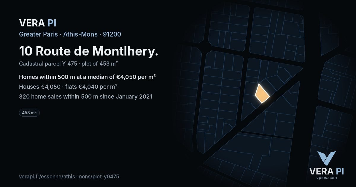 10 Route de Montlhery, Athis-Mons at night – the plot lit, the parcels around coloured by the prices near them