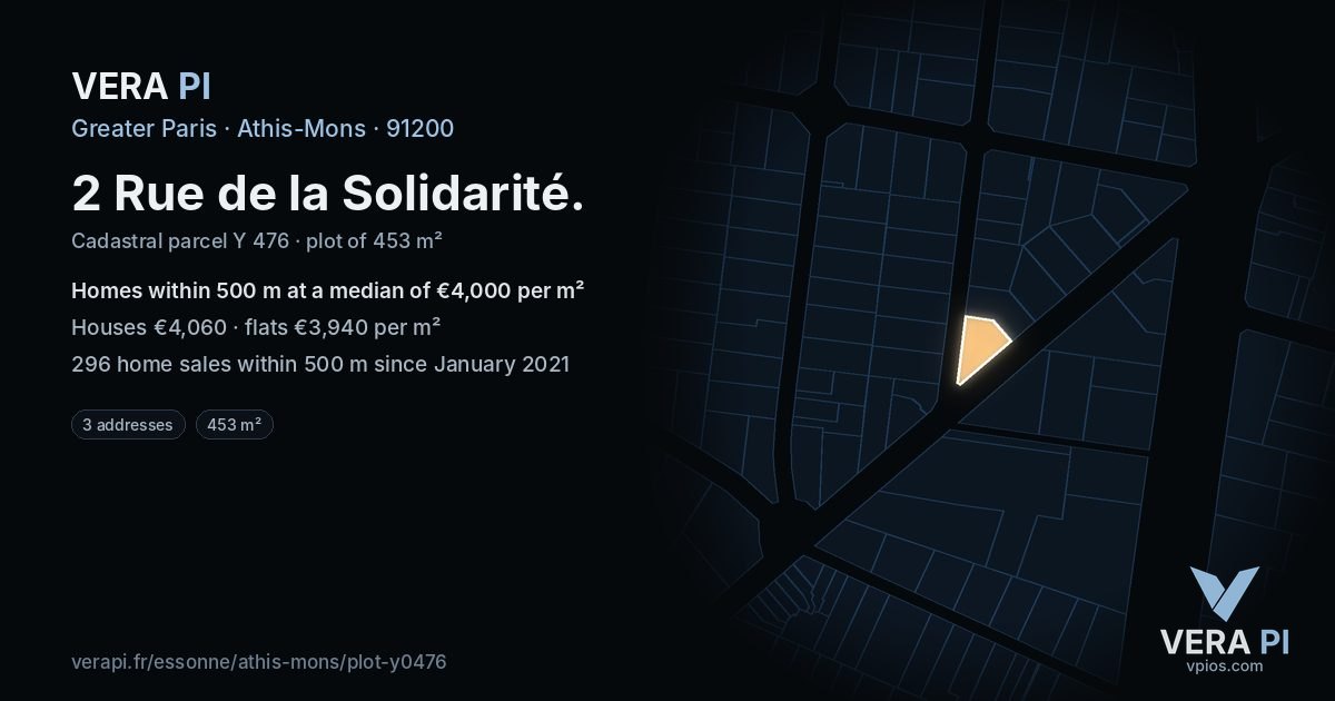 2 Rue de la Solidarité, Athis-Mons at night – the plot lit, the parcels around coloured by the prices near them