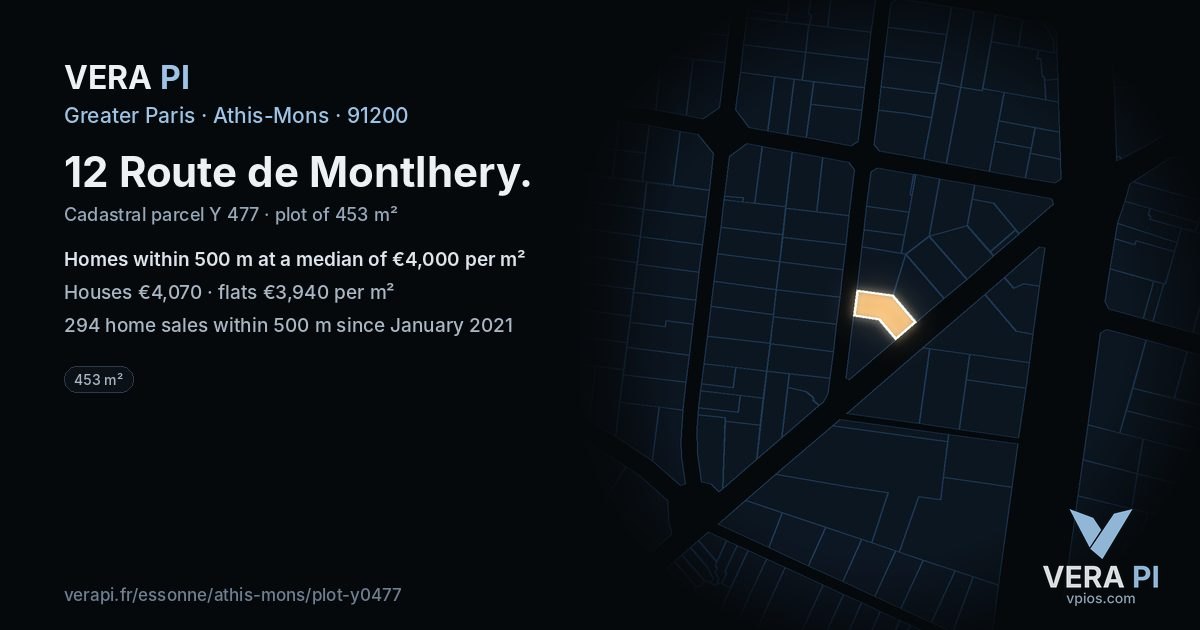 12 Route de Montlhery, Athis-Mons at night – the plot lit, the parcels around coloured by the prices near them