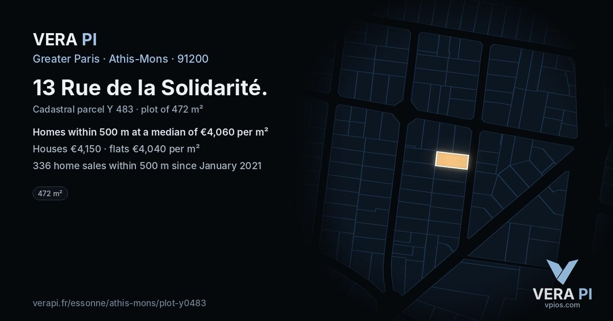 13 Rue de la Solidarité, Athis-Mons at night – the plot lit, the parcels around coloured by the prices near them