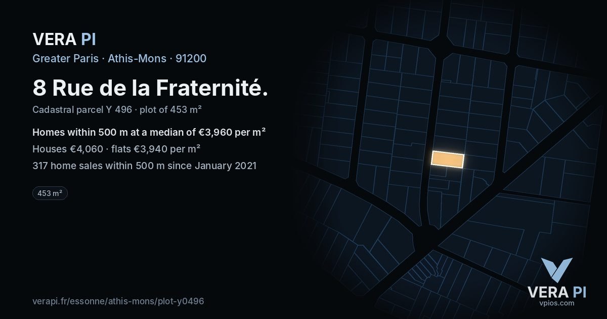 8 Rue de la Fraternité, Athis-Mons at night – the plot lit, the parcels around coloured by the prices near them