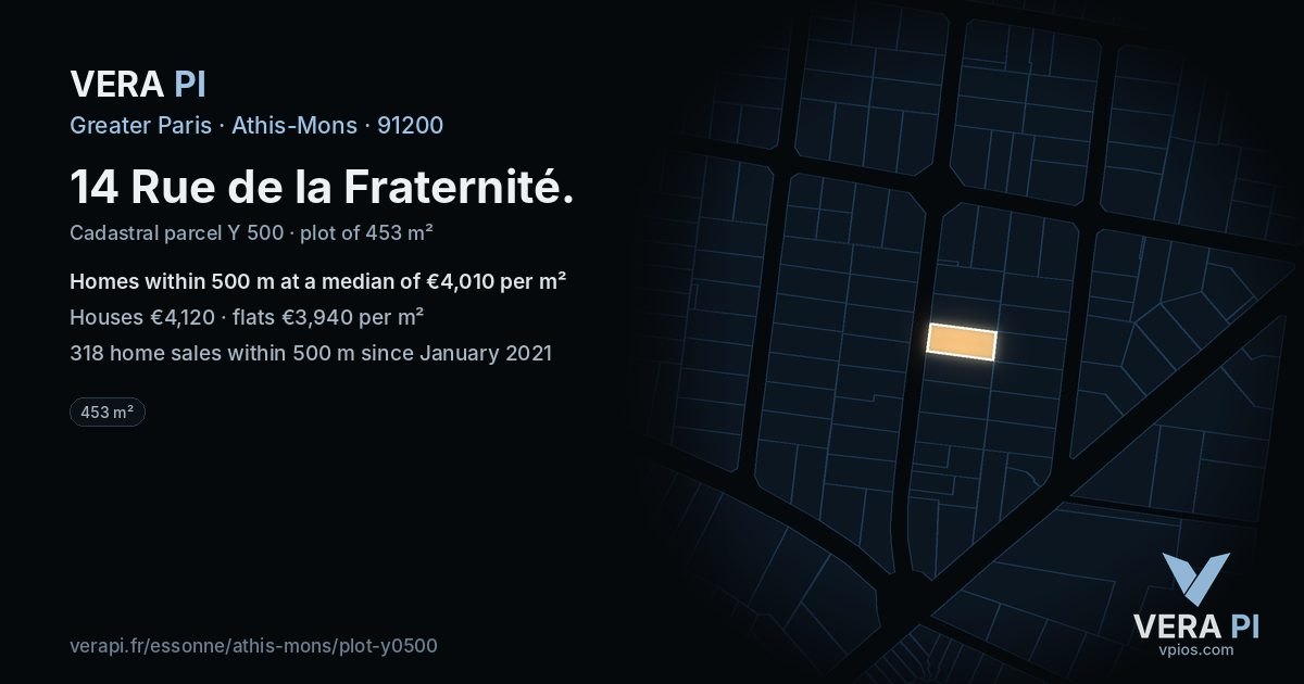 14 Rue de la Fraternité, Athis-Mons at night – the plot lit, the parcels around coloured by the prices near them