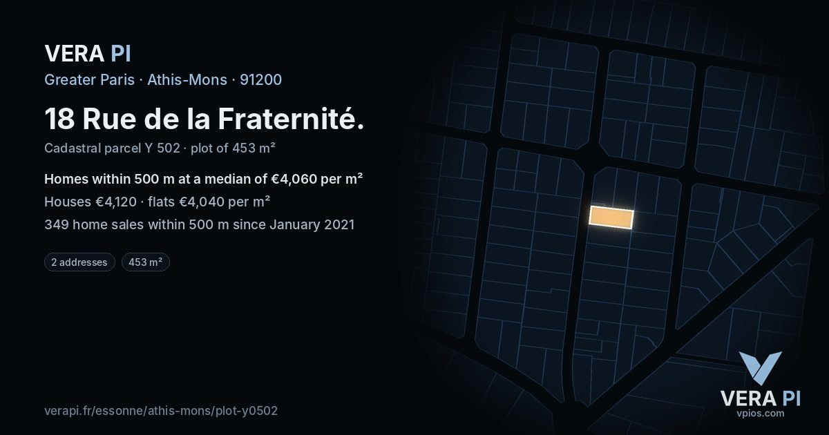 18 Rue de la Fraternité, Athis-Mons at night – the plot lit, the parcels around coloured by the prices near them