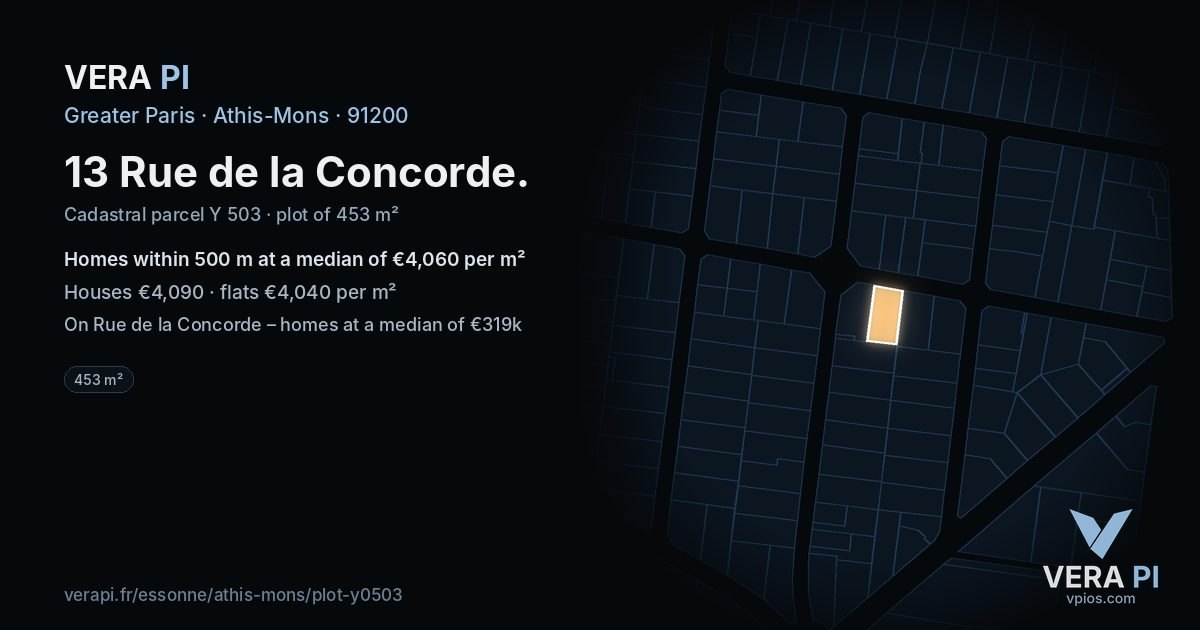 13 Rue de la Concorde, Athis-Mons at night – the plot lit, the parcels around coloured by the prices near them