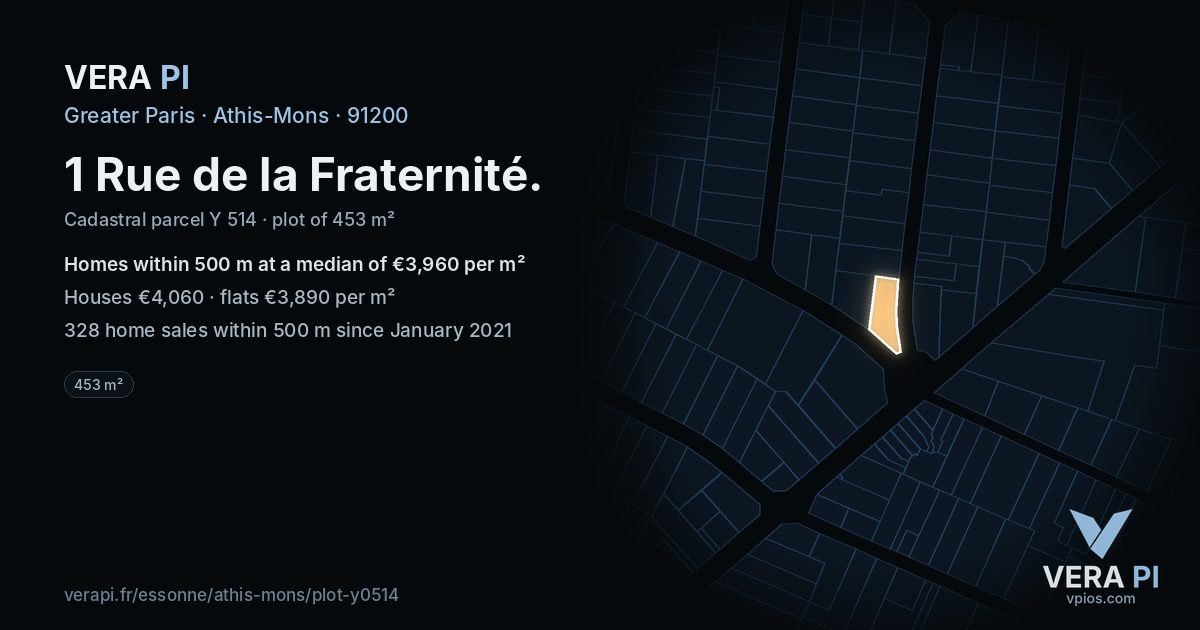 1 Rue de la Fraternité, Athis-Mons at night – the plot lit, the parcels around coloured by the prices near them