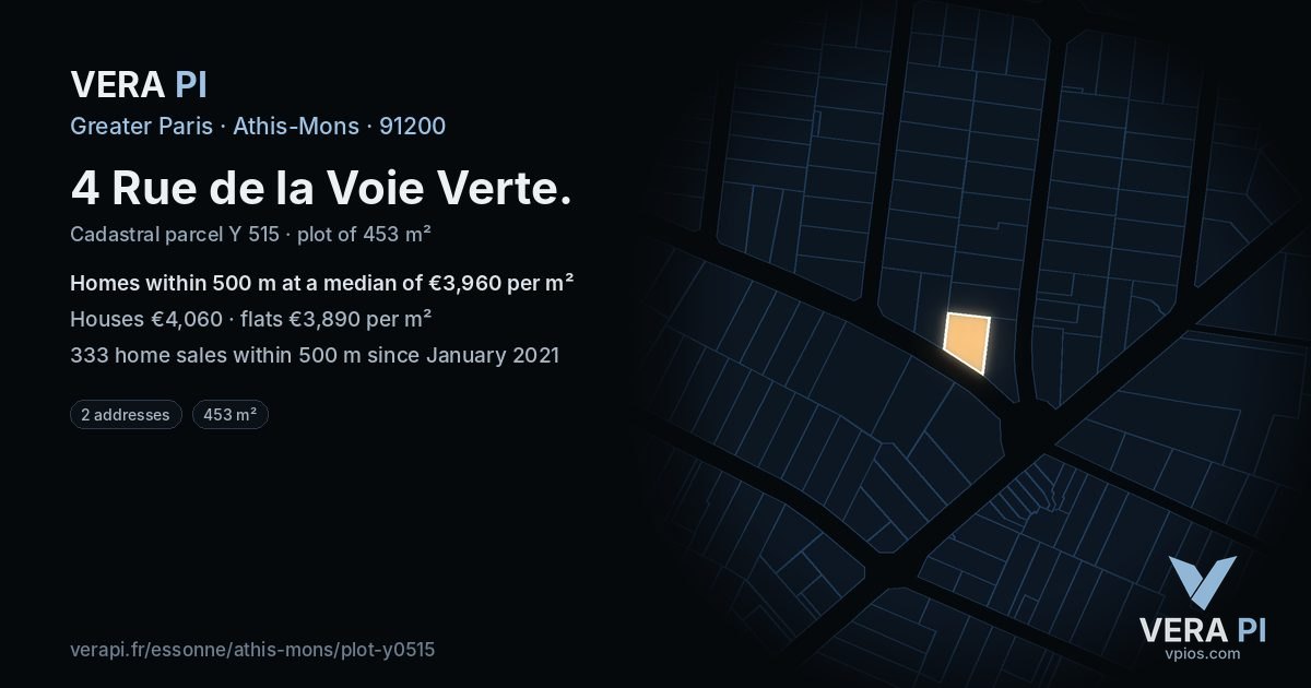 4 Rue de la Voie Verte, Athis-Mons at night – the plot lit, the parcels around coloured by the prices near them