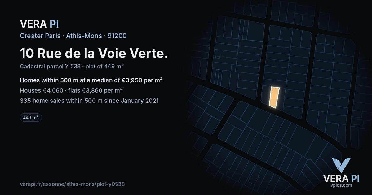 10 Rue de la Voie Verte, Athis-Mons at night – the plot lit, the parcels around coloured by the prices near them