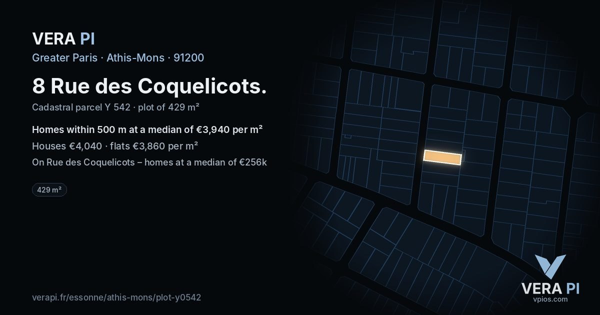 8 Rue des Coquelicots, Athis-Mons at night – the plot lit, the parcels around coloured by the prices near them