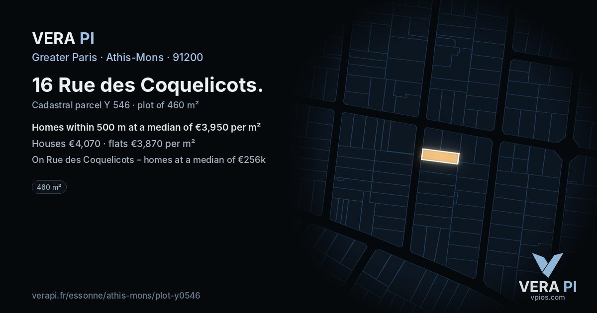 16 Rue des Coquelicots, Athis-Mons at night – the plot lit, the parcels around coloured by the prices near them