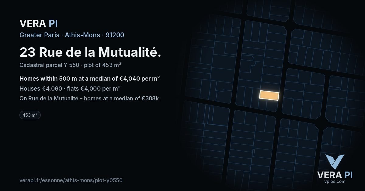 23 Rue de la Mutualité, Athis-Mons at night – the plot lit, the parcels around coloured by the prices near them