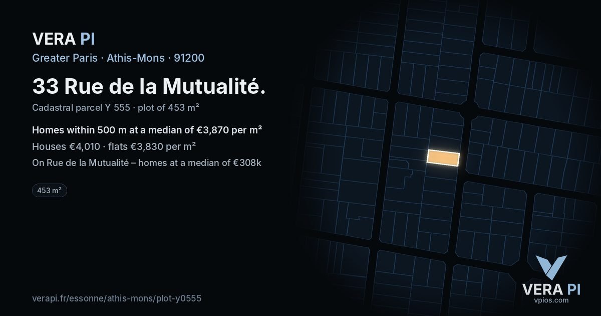 33 Rue de la Mutualité, Athis-Mons at night – the plot lit, the parcels around coloured by the prices near them
