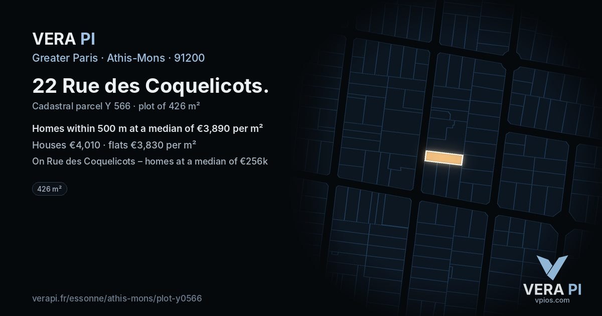 22 Rue des Coquelicots, Athis-Mons at night – the plot lit, the parcels around coloured by the prices near them