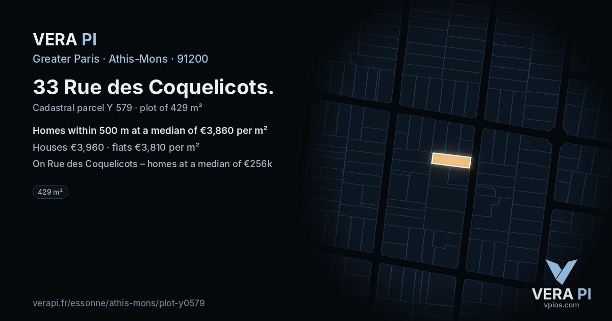 33 Rue des Coquelicots, Athis-Mons at night – the plot lit, the parcels around coloured by the prices near them