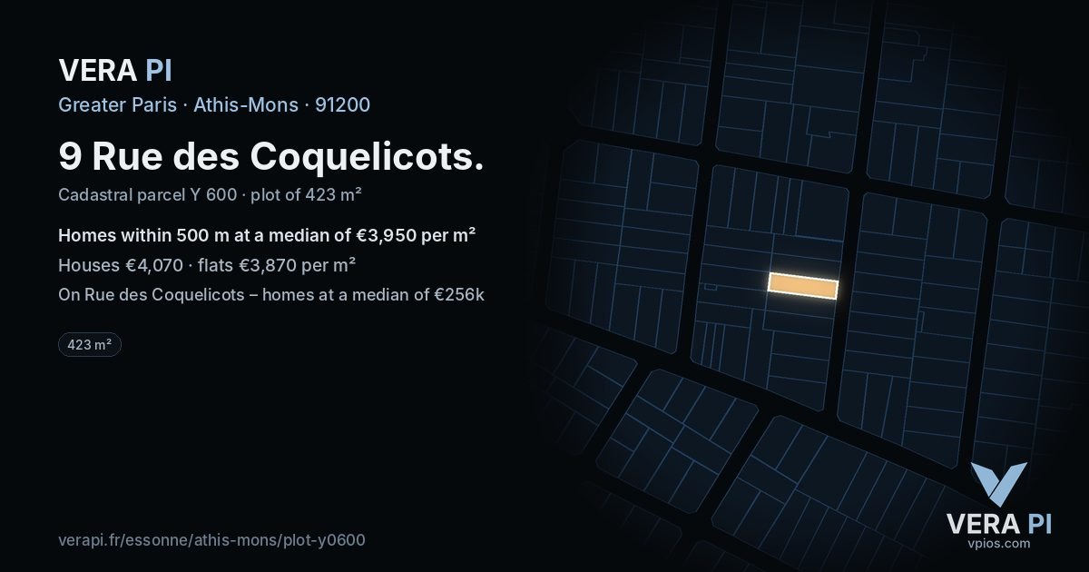 9 Rue des Coquelicots, Athis-Mons at night – the plot lit, the parcels around coloured by the prices near them