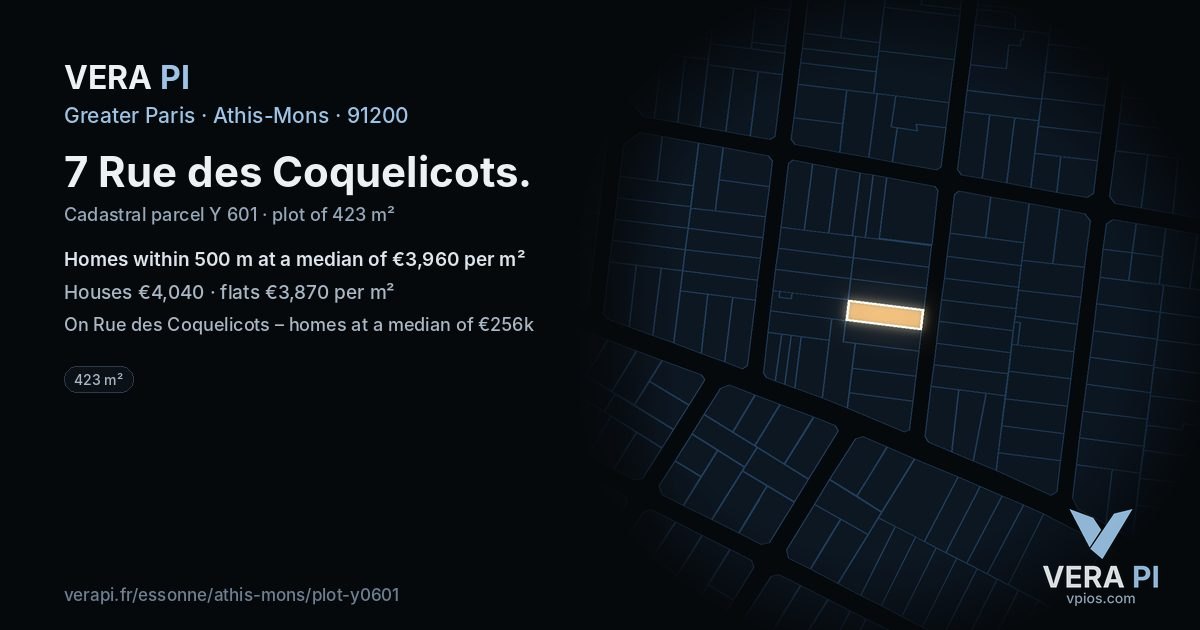 7 Rue des Coquelicots, Athis-Mons at night – the plot lit, the parcels around coloured by the prices near them