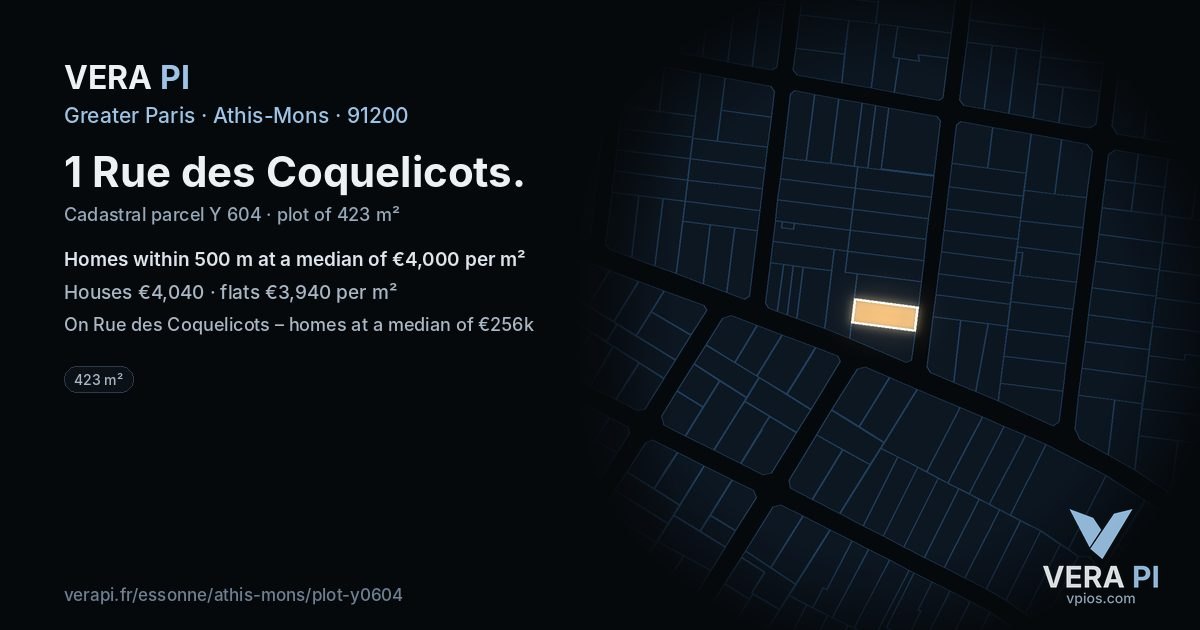 1 Rue des Coquelicots, Athis-Mons at night – the plot lit, the parcels around coloured by the prices near them