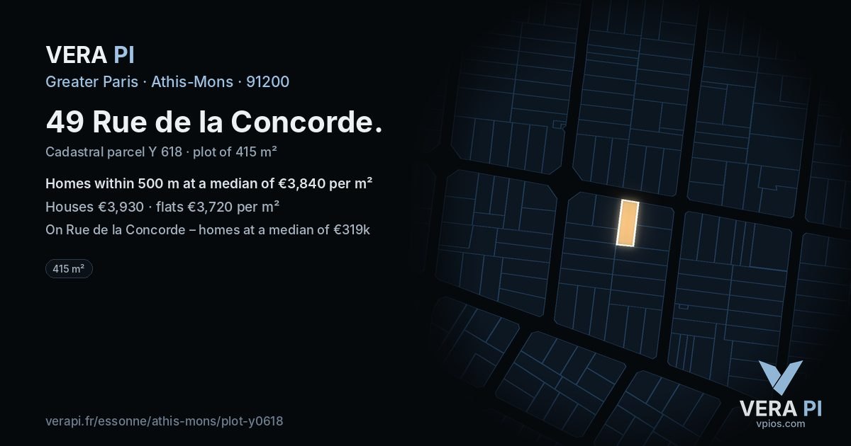 49 Rue de la Concorde, Athis-Mons at night – the plot lit, the parcels around coloured by the prices near them