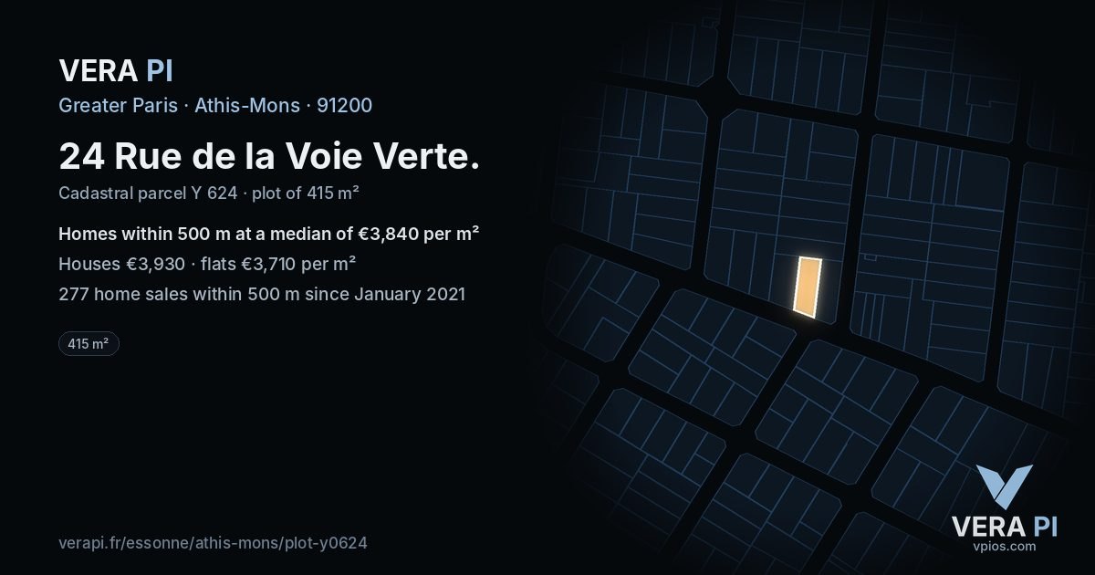 24 Rue de la Voie Verte, Athis-Mons at night – the plot lit, the parcels around coloured by the prices near them